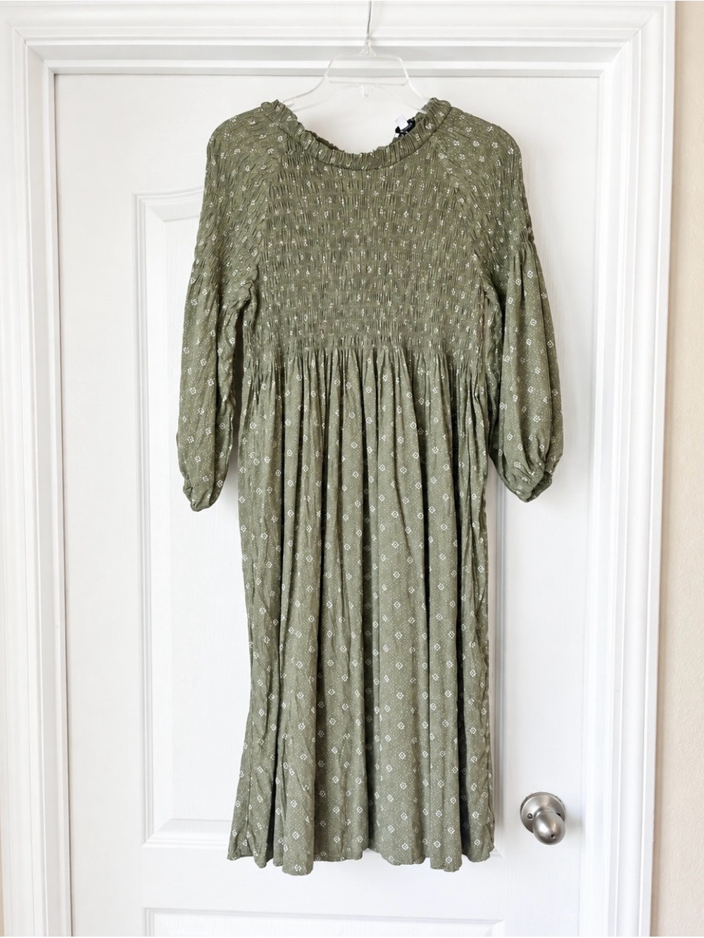 Polagram Olive Green Smocked Midi Dress with Subtle Print